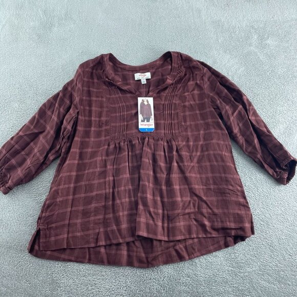 Wrangler Womens Burgundy Plaid 3/4 Sleeve Top L Viscose NWT 3299 - Picture 1 of 9